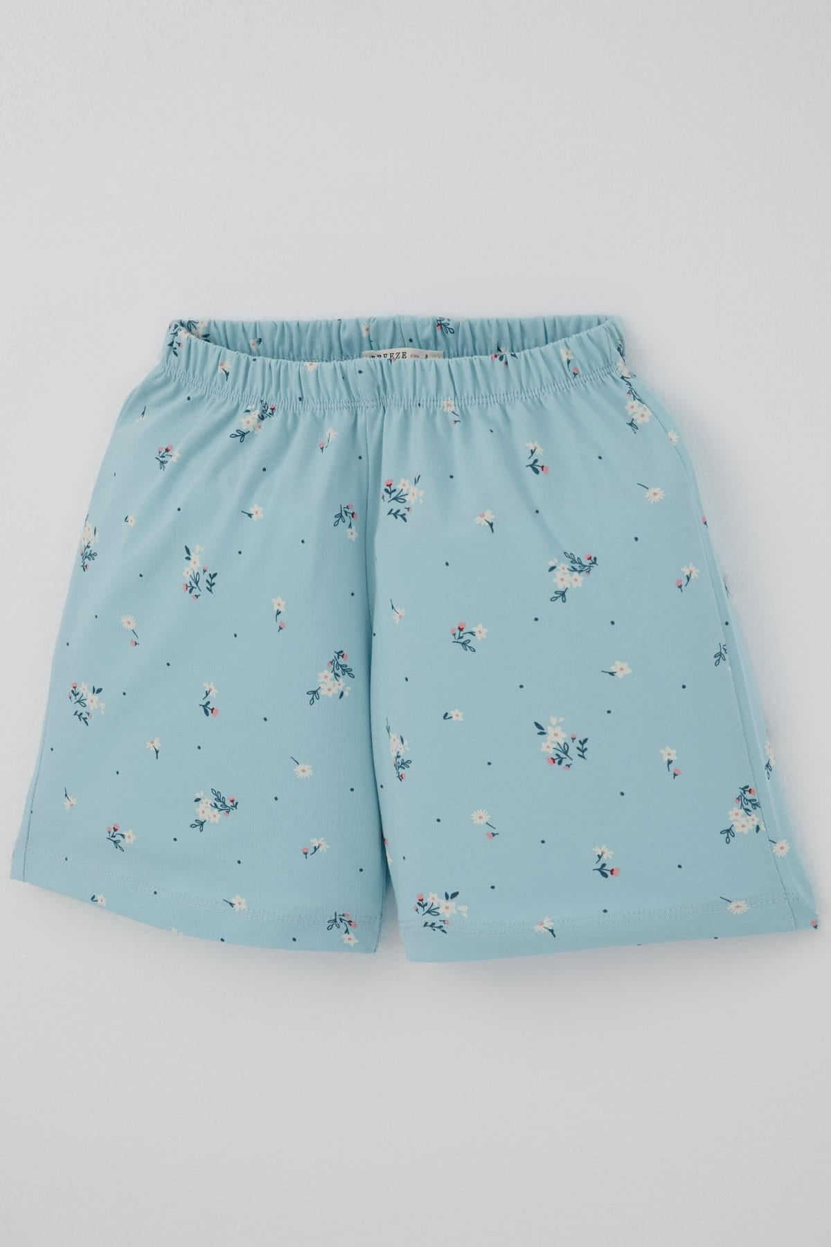 Breeze Kız Çocuk Şortlu Pijama Takımı Çiçek Desenli Açık Mavi (4-6 Yaş)