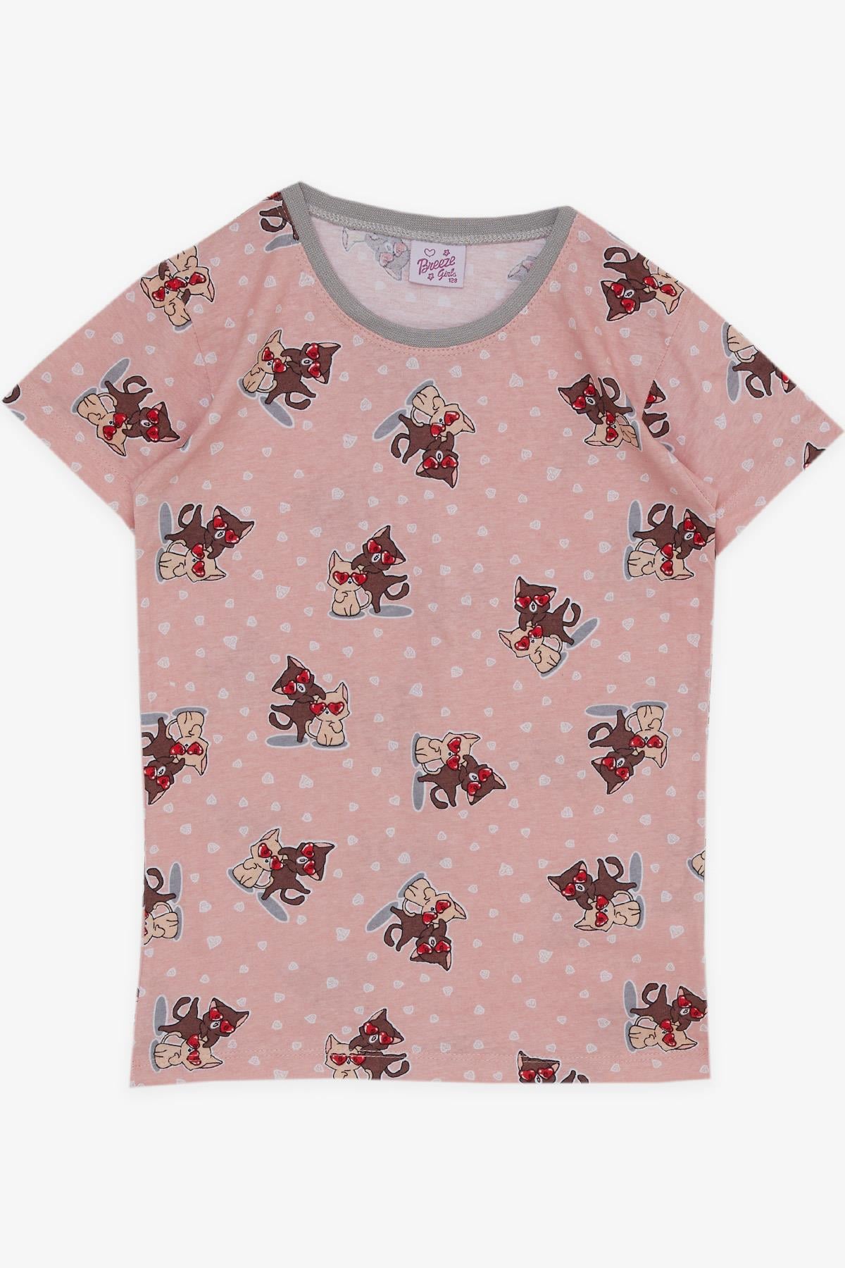 Breeze Kız Çocuk Şortlu Pijama Takımı Sevgi Temalı Sevimli Kedicikler Desenli Somon (4-8 Yaş)