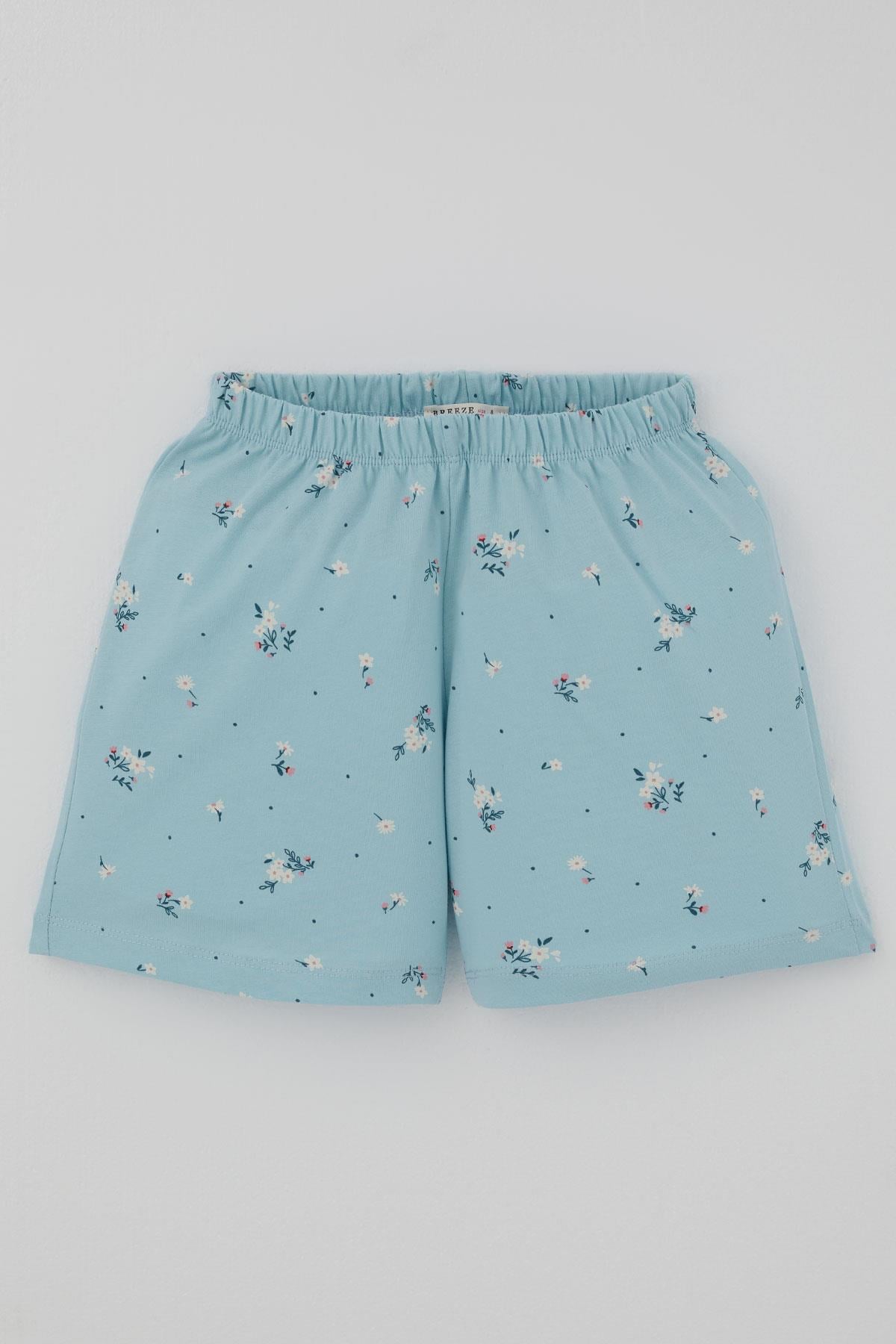 Breeze Kız Çocuk Şortlu Pijama Takımı Çiçek Desenli Açık Mavi (4-8 Yaş)