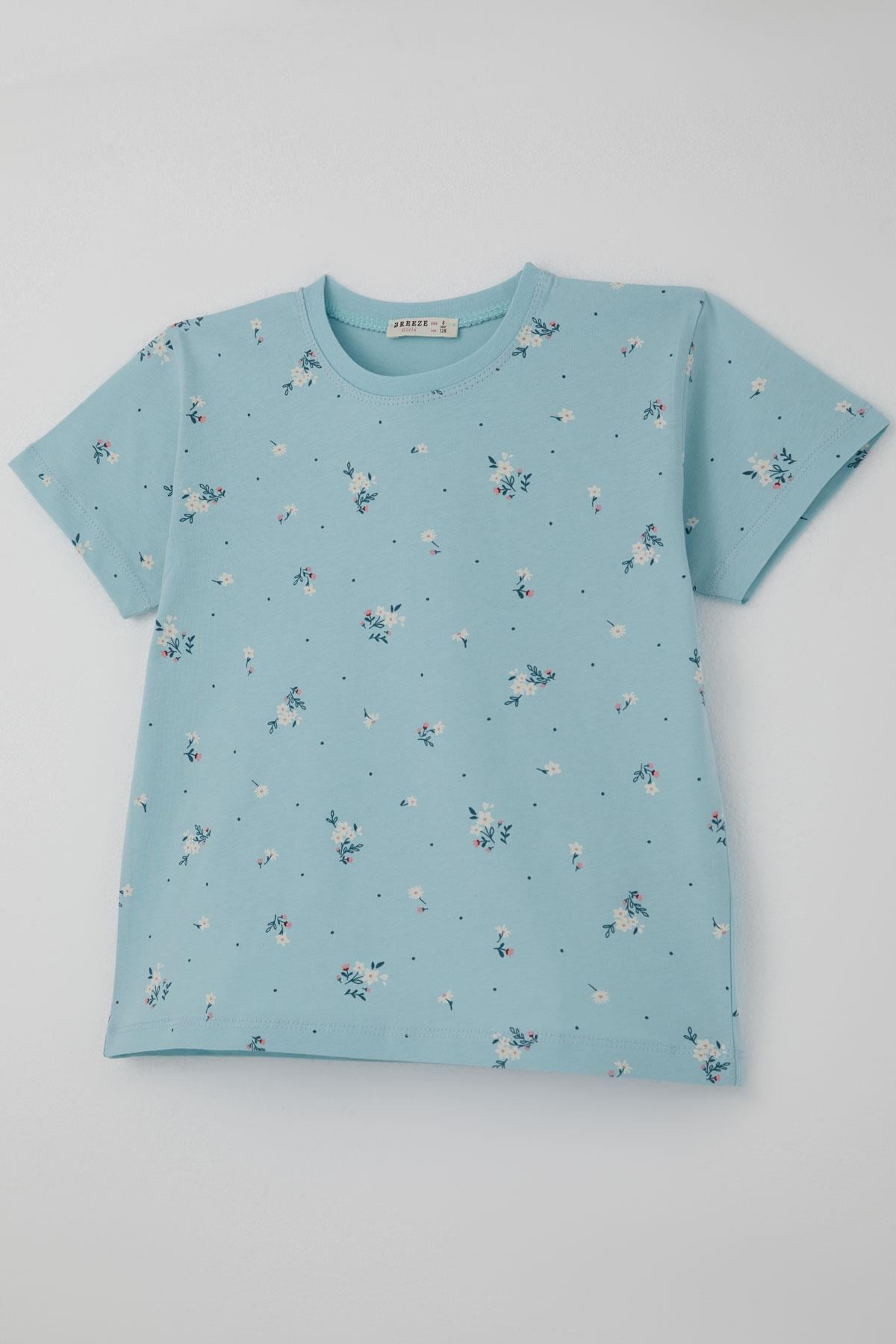 Breeze Kız Çocuk Şortlu Pijama Takımı Çiçek Desenli Açık Mavi (4-6 Yaş)