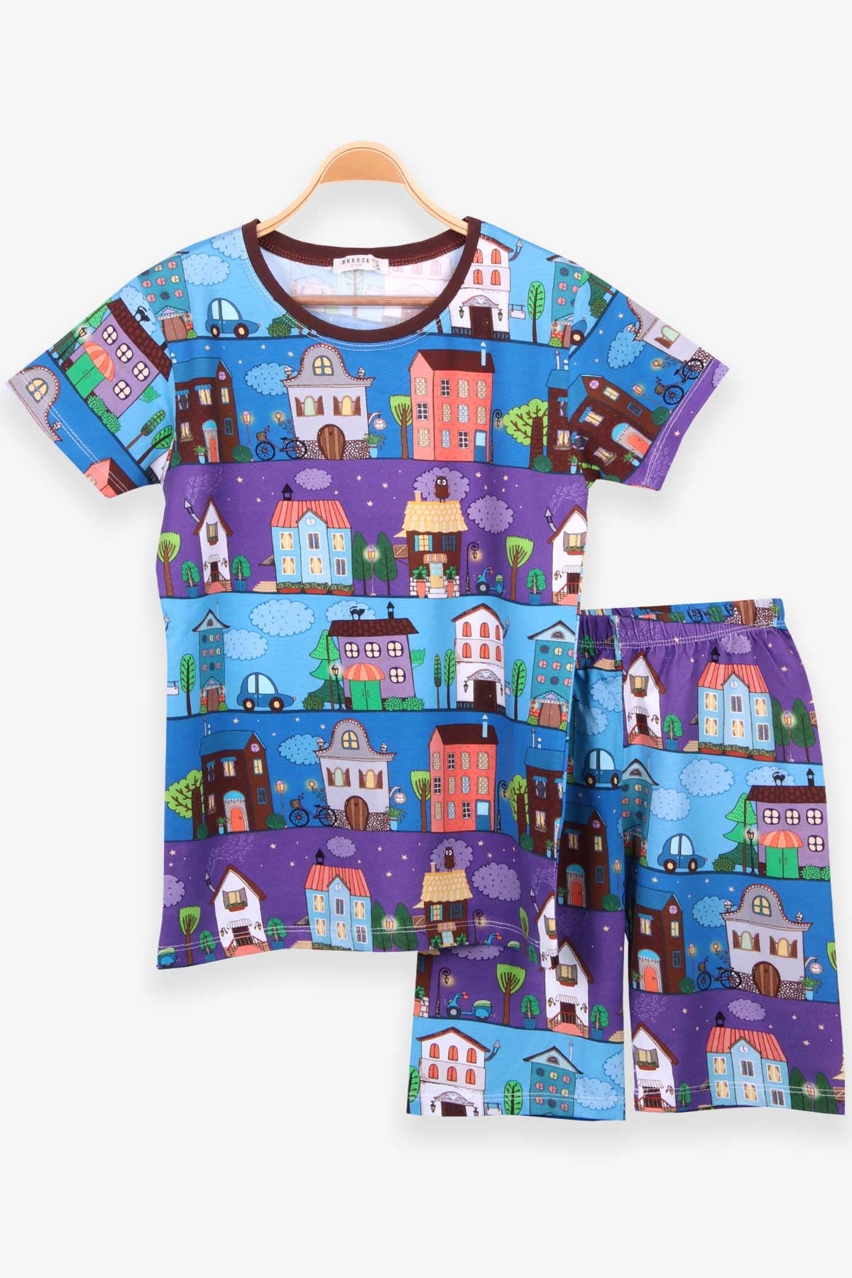 Breeze Kız Çocuk Şortlu Pijama Takımı Sokak Temalı Karışık Renk (9-12 Yaş)