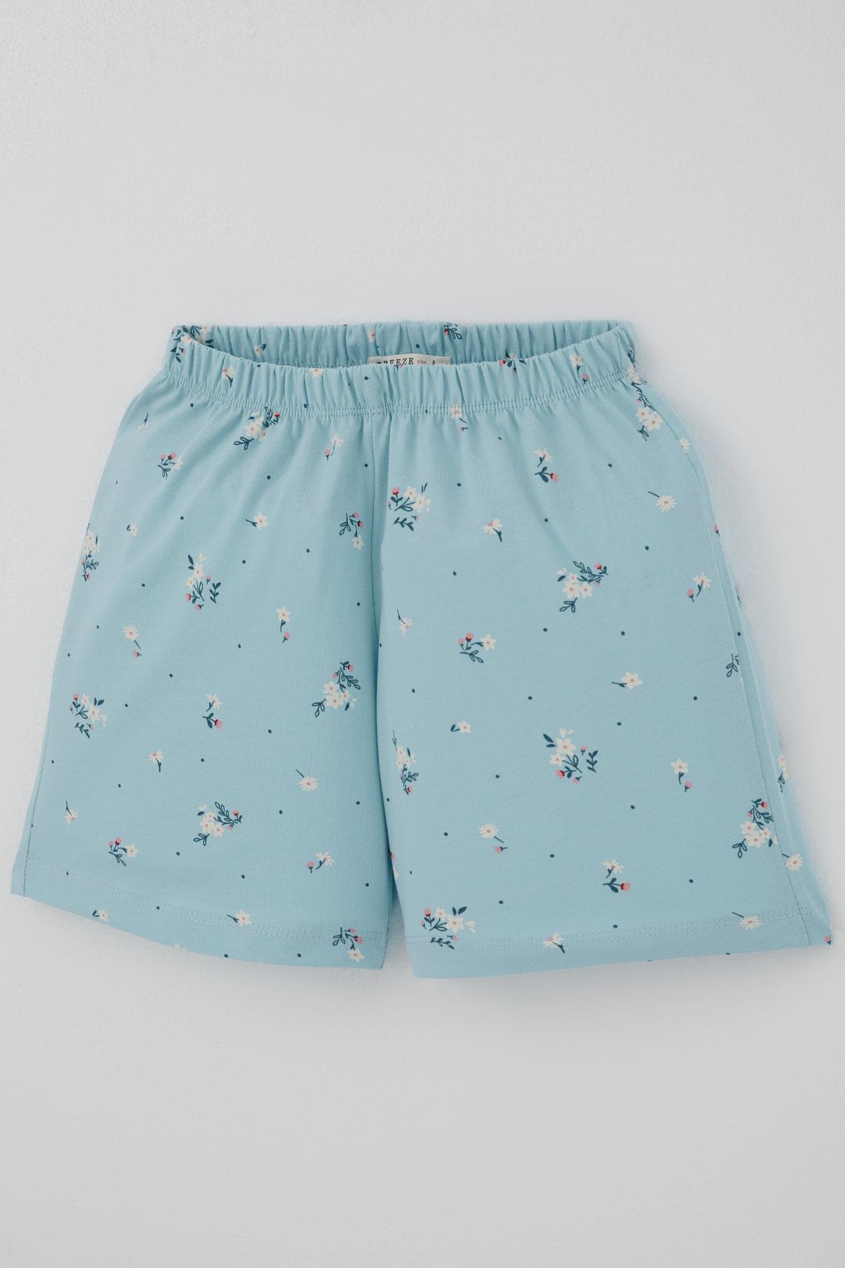 Breeze Kız Çocuk Şortlu Pijama Takımı Çiçek Desenli Açık Mavi (4-8 Yaş)