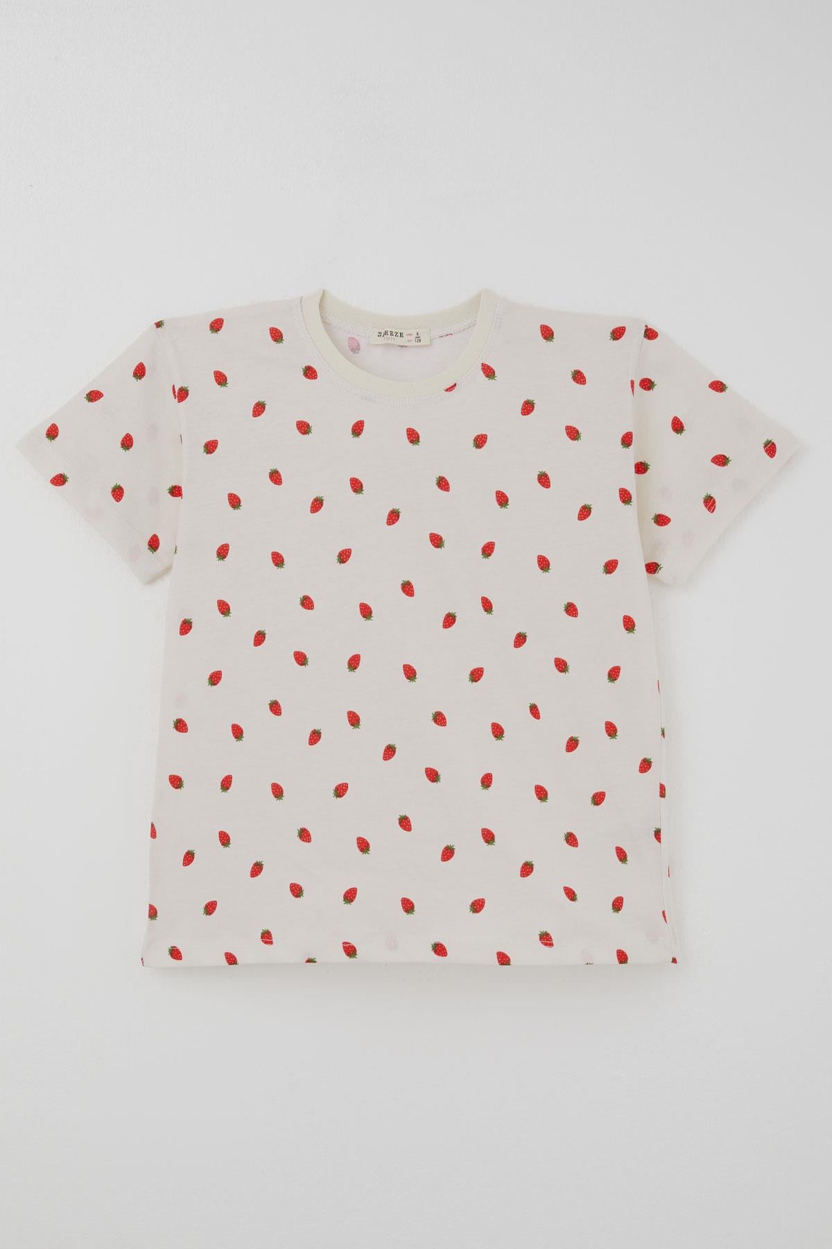 Breeze Kız Çocuk Şortlu Pijama Takımı Çilek Desenli Krem (4-8 Yaş)