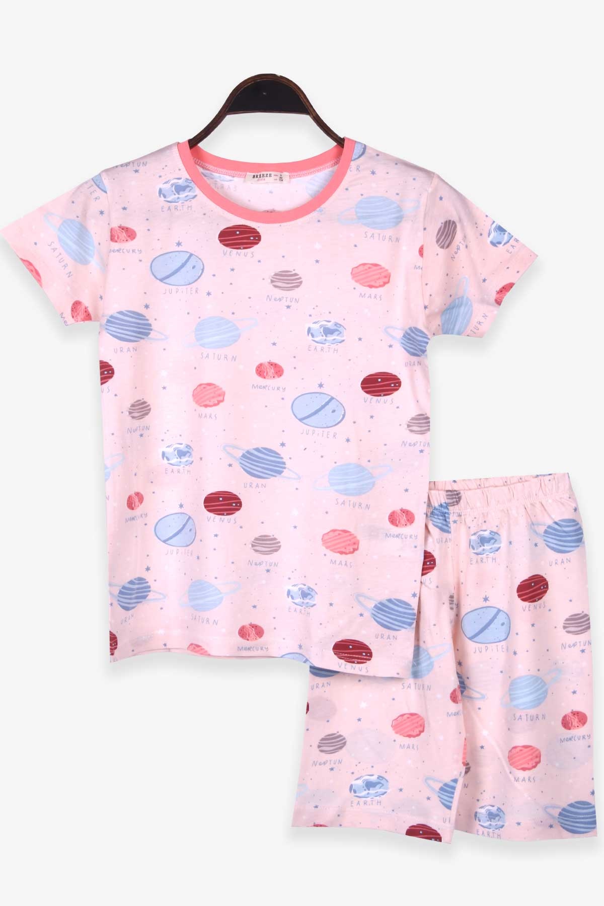 Breeze Kız Çocuk Şortlu Pijama Takımı Gezegen Desenli Somon (9-12 Yaş)