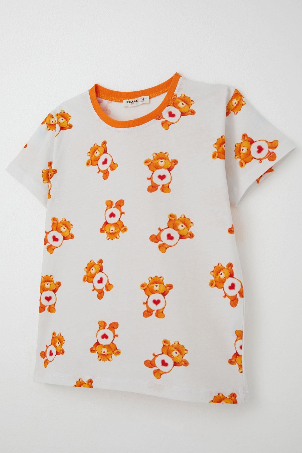 Breeze Kız Çocuk Şortlu Pijama Takımı Kalpli Bebek Ayıcık Desenli Beyaz (4-8 Yaş)