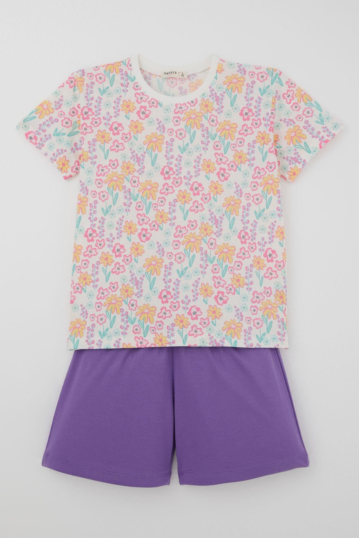 Breeze Kız Çocuk Şortlu Pijama Takımı Renkli Çiçek Desenli Beyaz (4-8 Yaş)