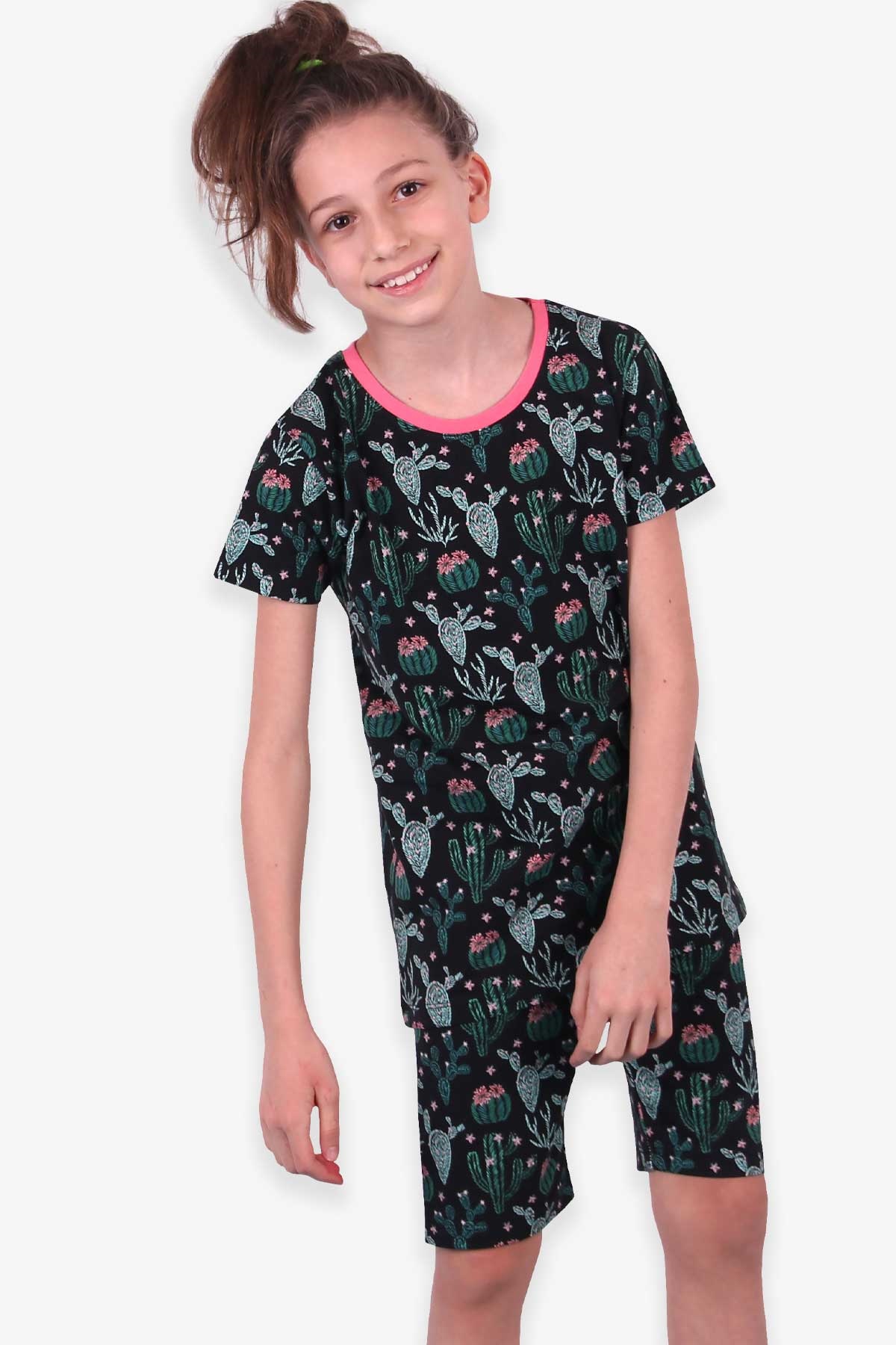 Breeze Kız Çocuk Şortlu Pijama Takımı Kaktüslü Siyah (9-12 Yaş)