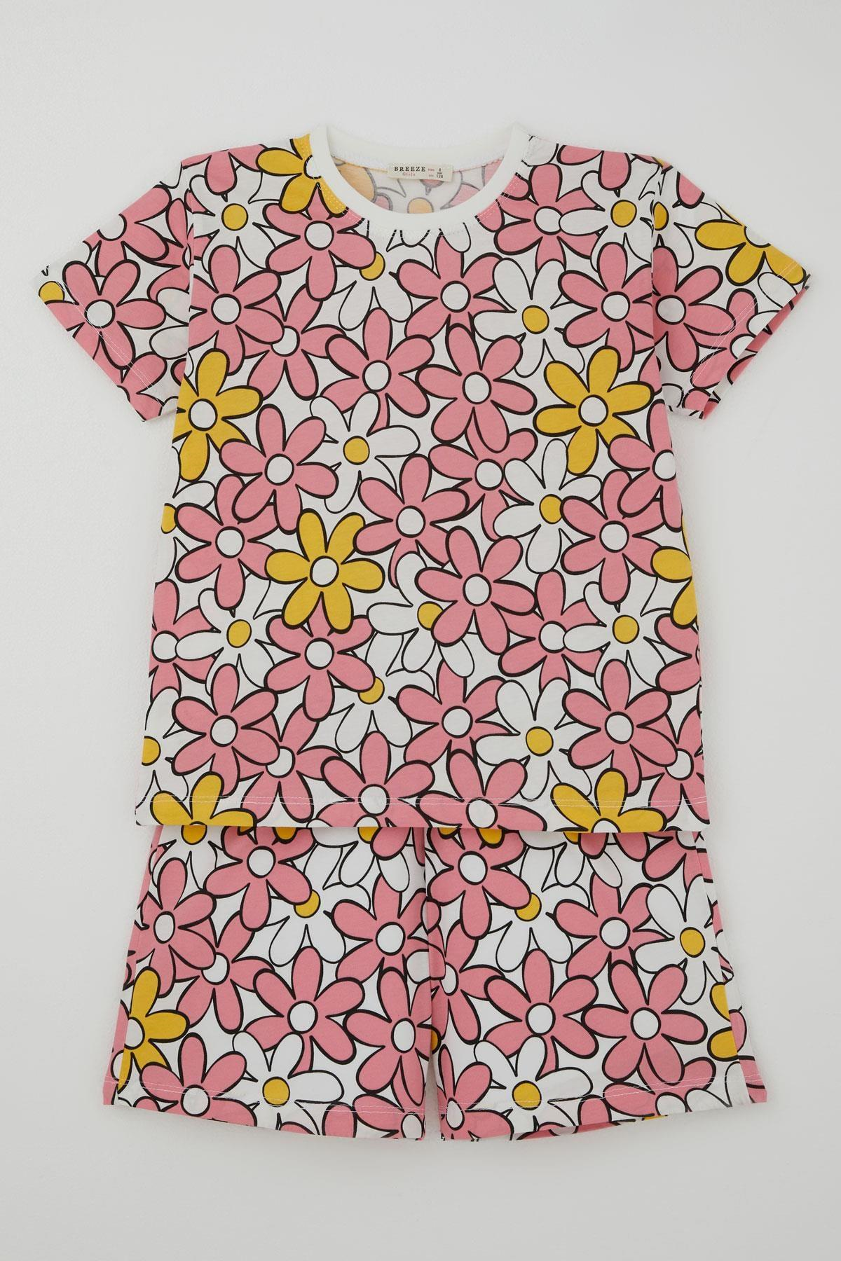 Breeze Kız Çocuk Şortlu Pijama Takımı Renkli Papatya Desenli Karışık Renk (4-7 Yaş)