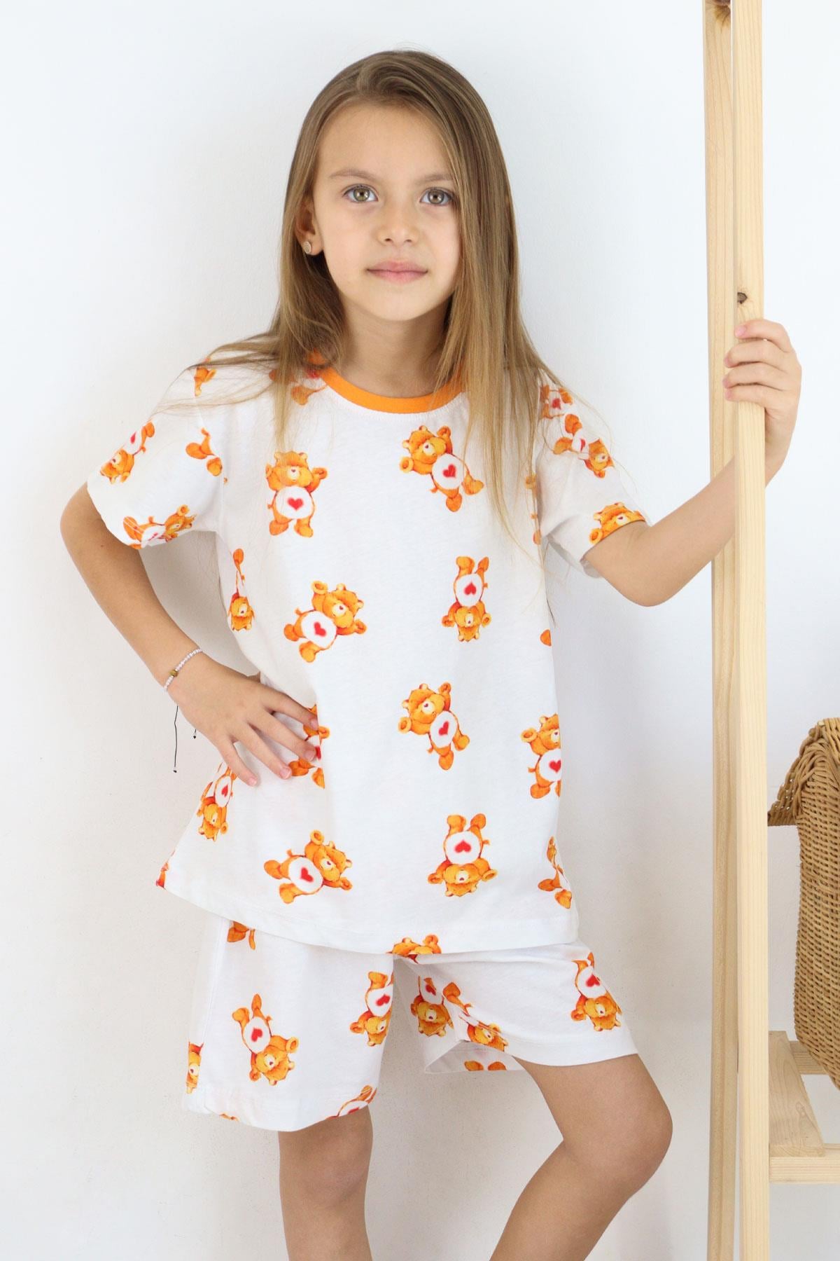 Breeze Kız Çocuk Şortlu Pijama Takımı Kalpli Bebek Ayıcık Desenli Beyaz (4-8 Yaş)