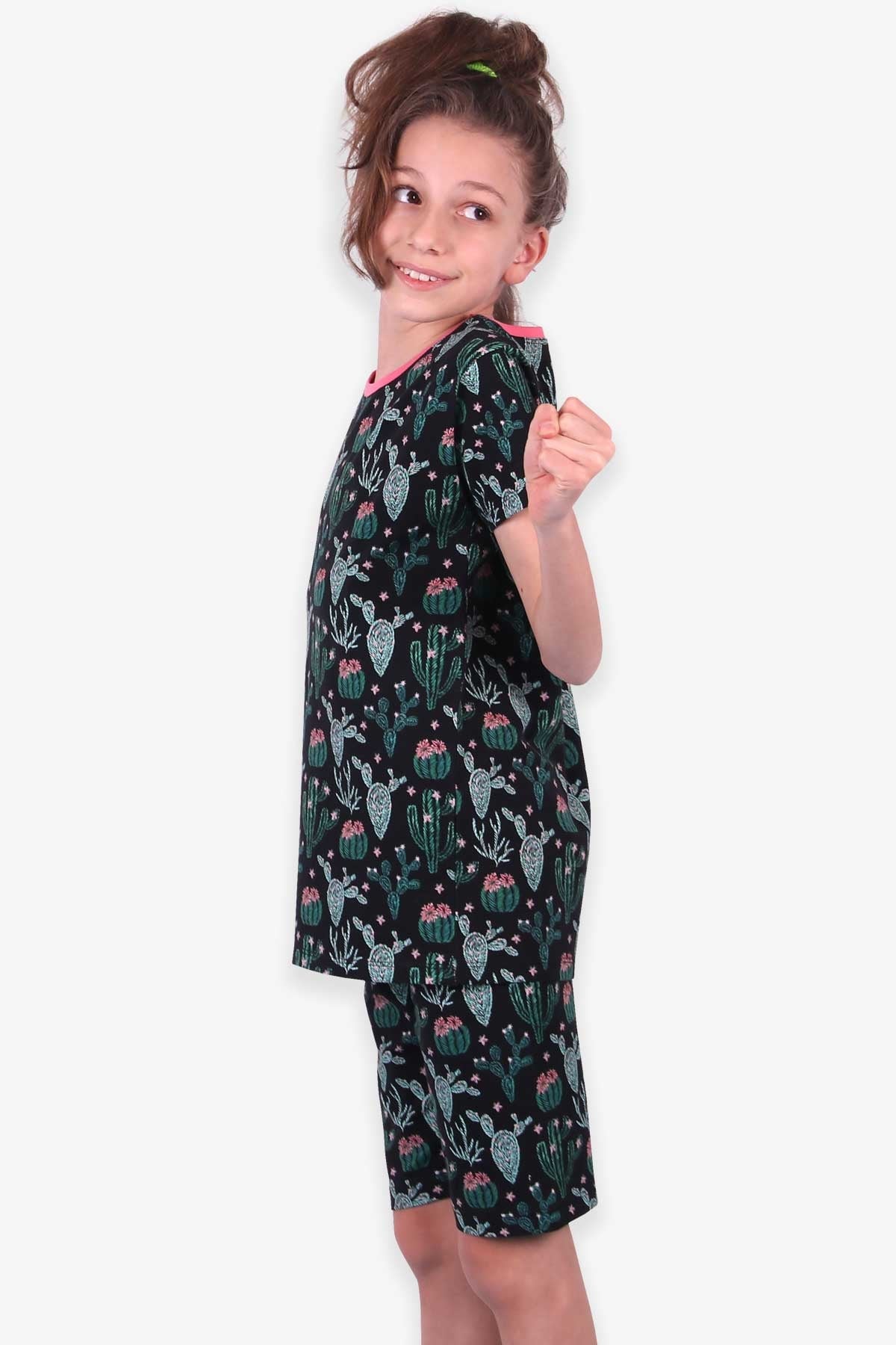 Breeze Kız Çocuk Şortlu Pijama Takımı Kaktüslü Siyah (9-12 Yaş)