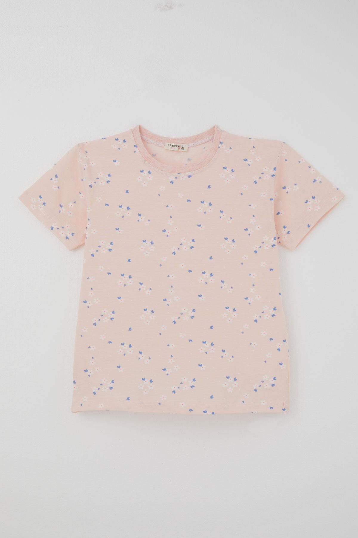 Breeze Kız Çocuk Şortlu Pijama Takımı Çiçek Desenli Pudra (4-8 Yaş)