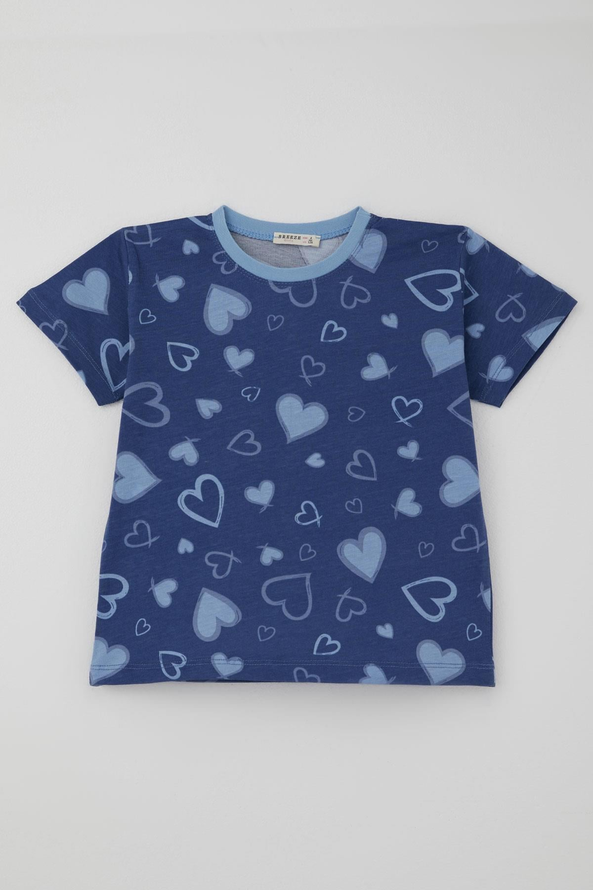 Breeze Kız Çocuk Şortlu Pijama Takımı Kalp Desenli İndigo (4-5 Yaş)