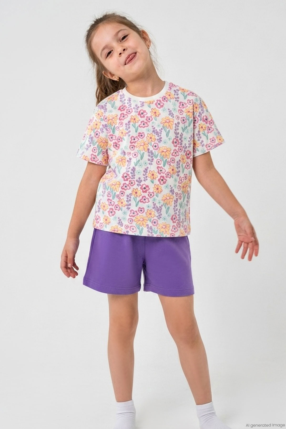 Breeze Kız Çocuk Şortlu Pijama Takımı Renkli Çiçek Desenli Beyaz (4-8 Yaş)