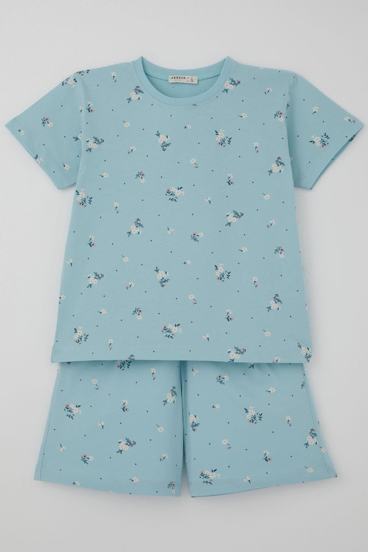 Breeze Kız Çocuk Şortlu Pijama Takımı Çiçek Desenli Açık Mavi (4-6 Yaş)