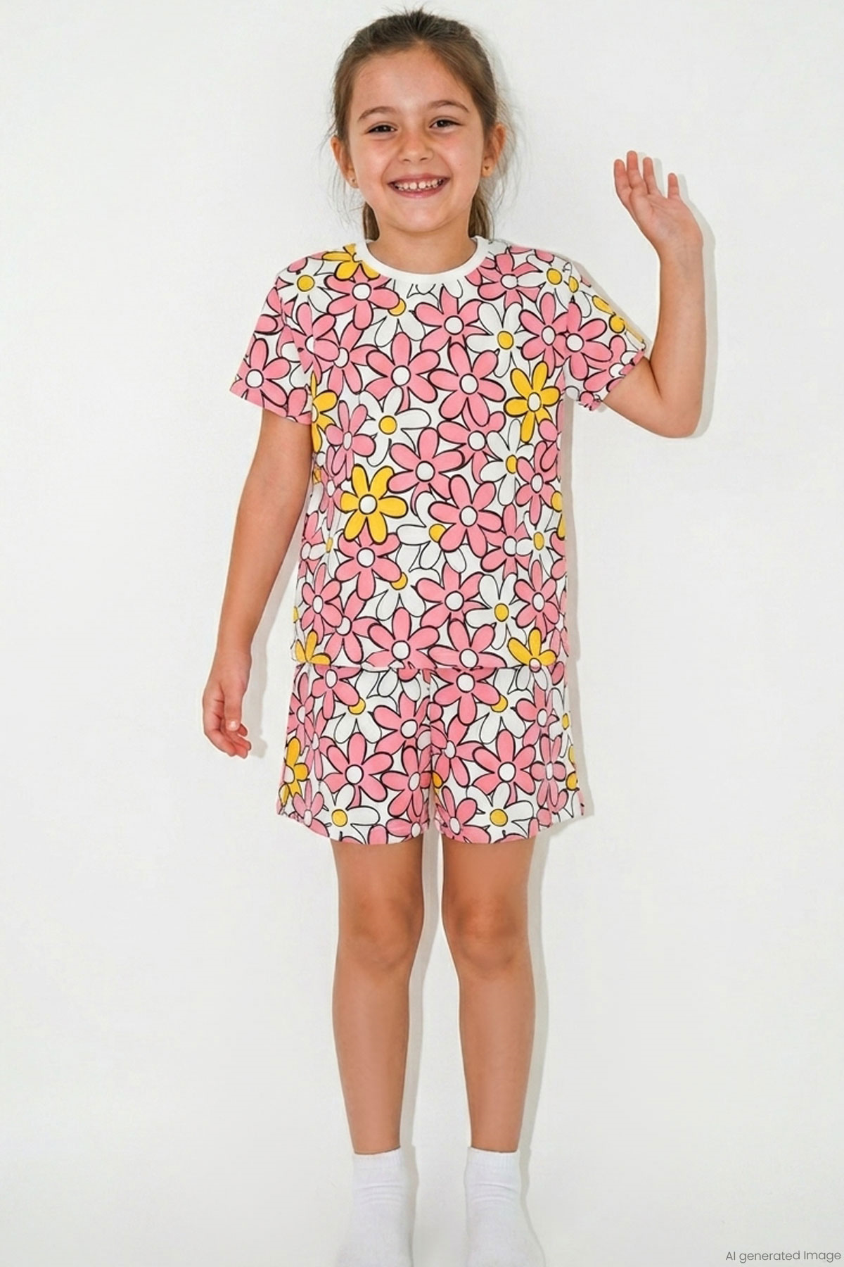 Breeze Kız Çocuk Şortlu Pijama Takımı Renkli Papatya Desenli Karışık Renk (4-7 Yaş)
