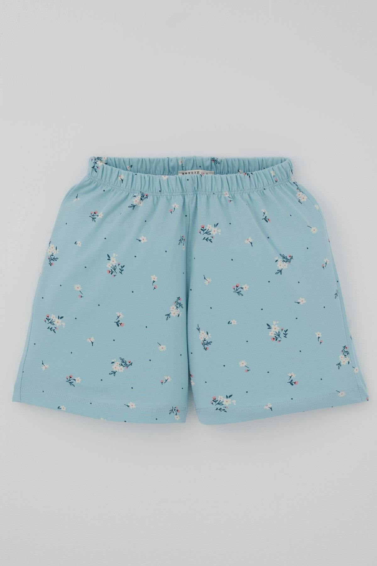 Breeze Kız Çocuk Şortlu Pijama Takımı Çiçek Desenli Açık Mavi (4-6 Yaş)