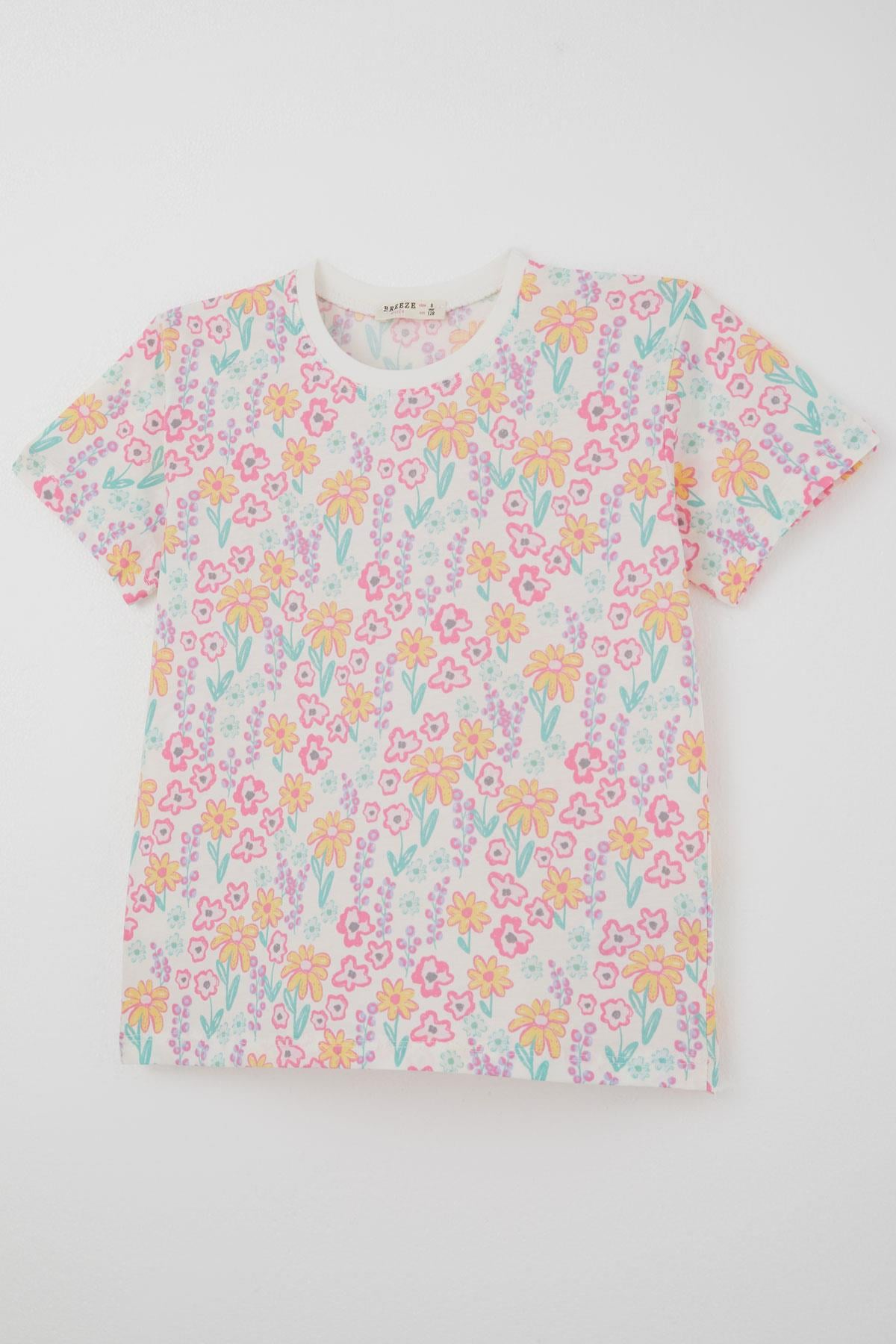 Breeze Kız Çocuk Şortlu Pijama Takımı Renkli Çiçek Desenli Beyaz (4-8 Yaş)