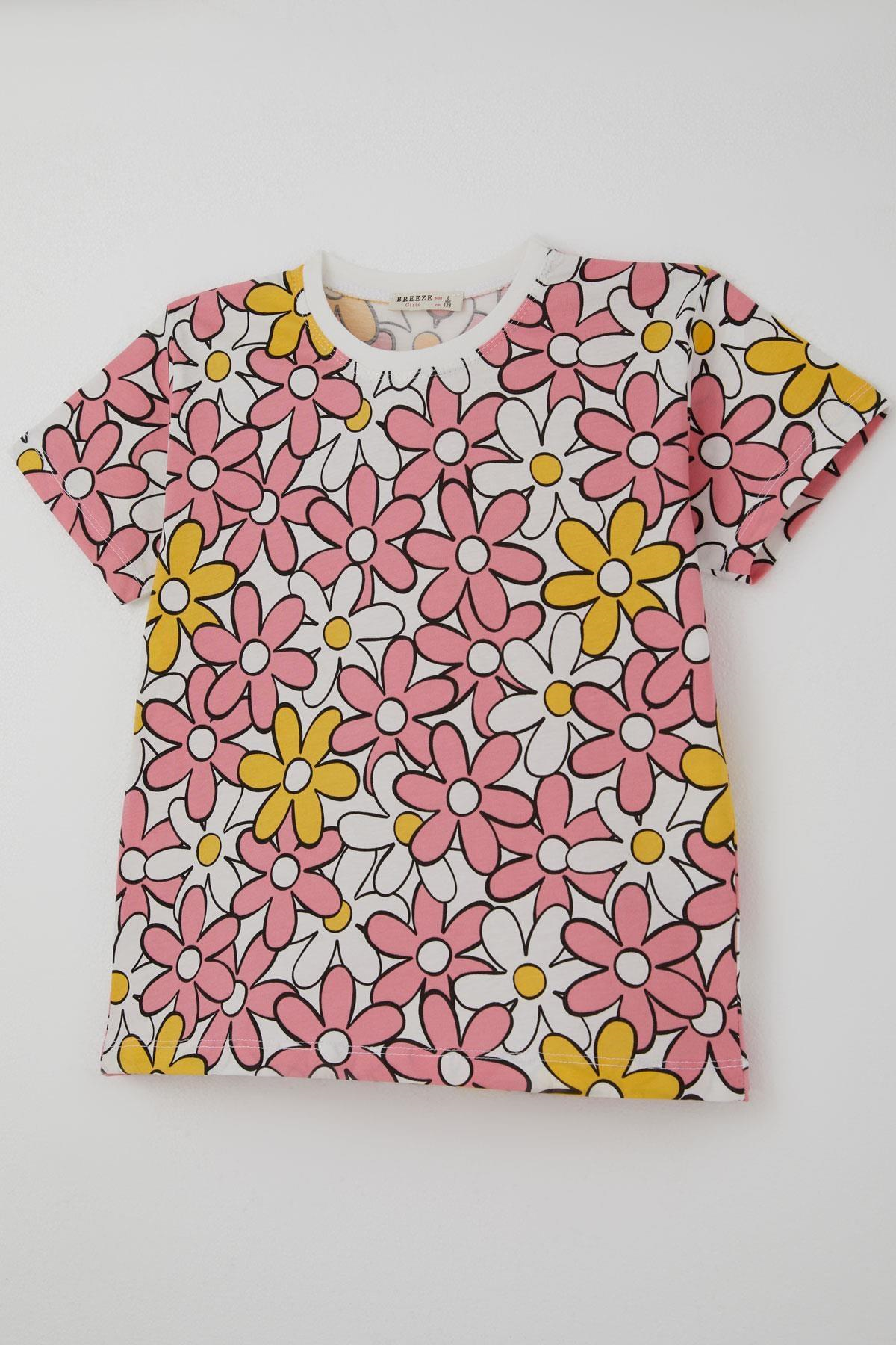 Breeze Kız Çocuk Şortlu Pijama Takımı Renkli Papatya Desenli Karışık Renk (4-7 Yaş)