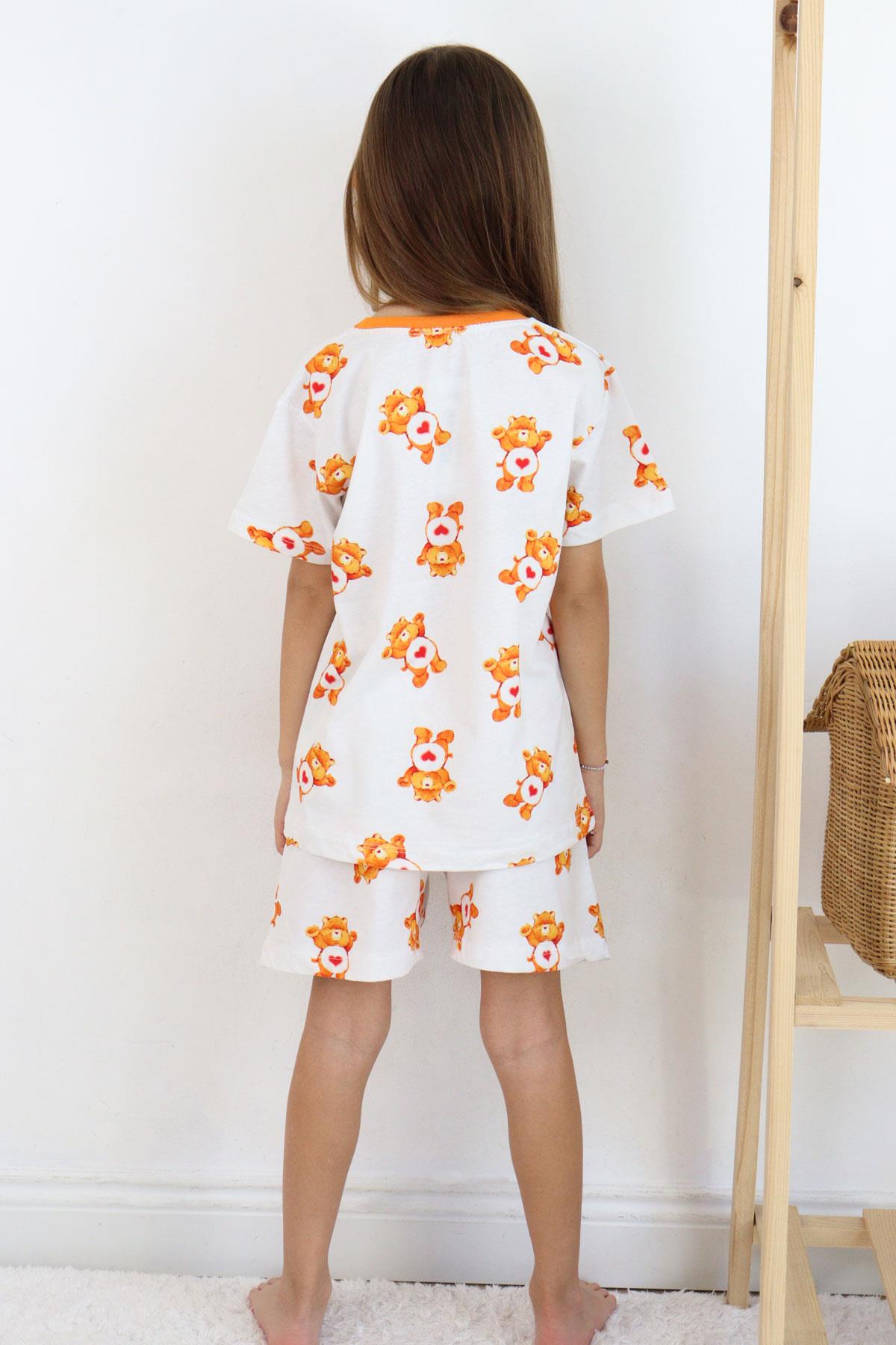 Breeze Kız Çocuk Şortlu Pijama Takımı Kalpli Bebek Ayıcık Desenli Beyaz (4-8 Yaş)