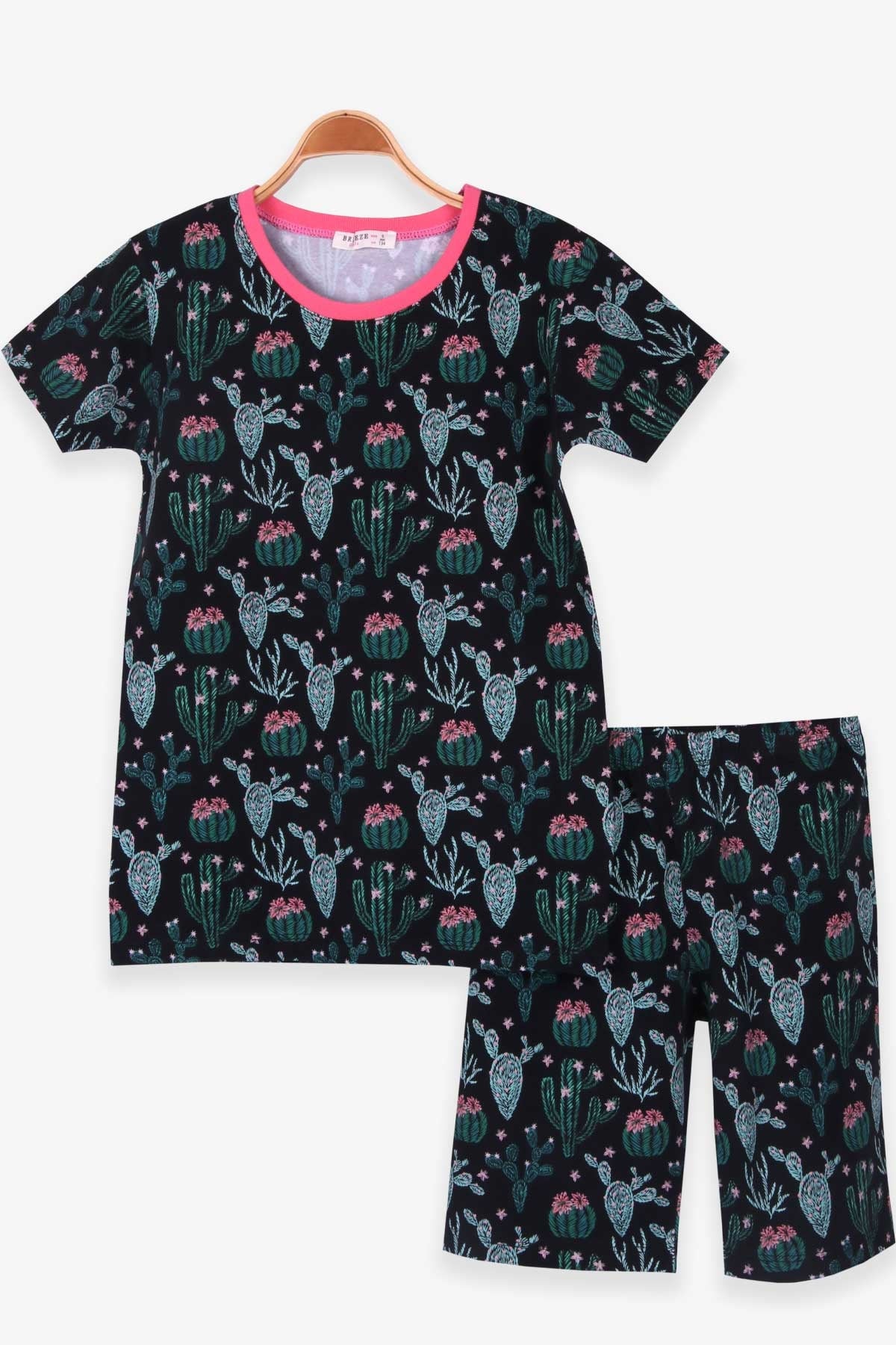 Breeze Kız Çocuk Şortlu Pijama Takımı Kaktüslü Siyah (9-12 Yaş)
