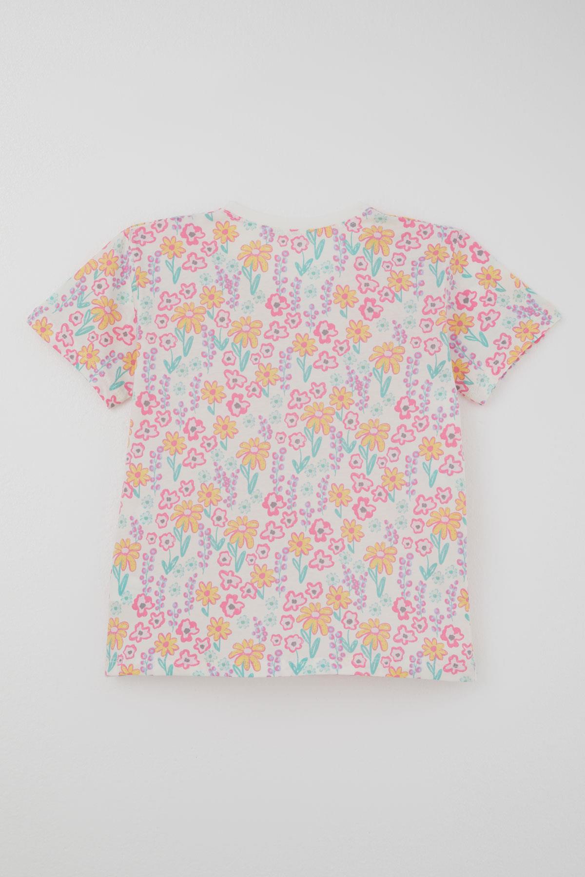 Breeze Kız Çocuk Şortlu Pijama Takımı Renkli Çiçek Desenli Beyaz (4-8 Yaş)