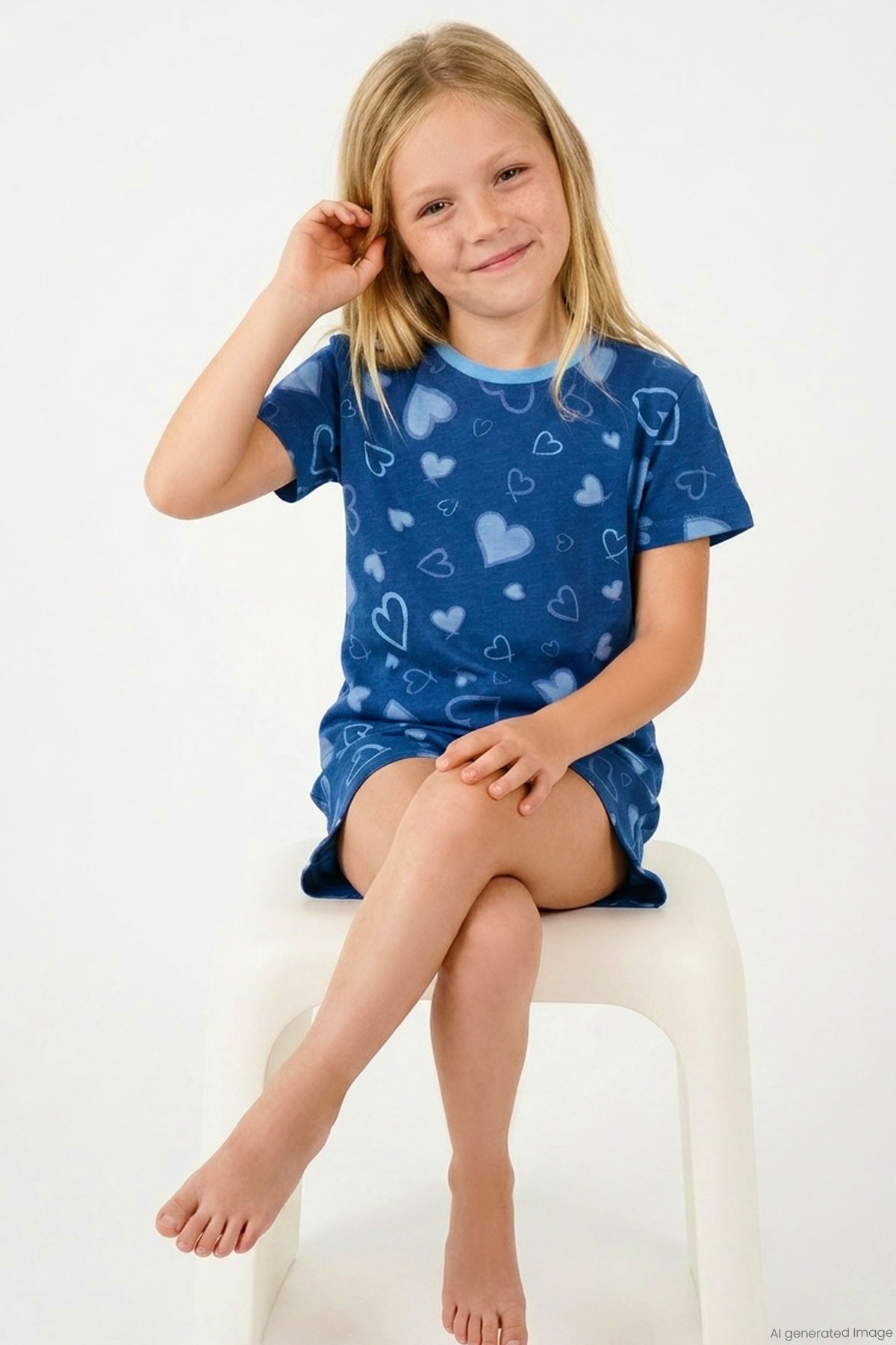 Breeze Kız Çocuk Şortlu Pijama Takımı Kalp Desenli İndigo (4-5 Yaş)