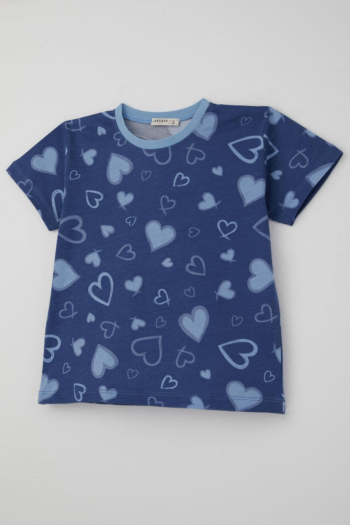 Breeze Kız Çocuk Şortlu Pijama Takımı Kalp Desenli İndigo (4-5 Yaş)