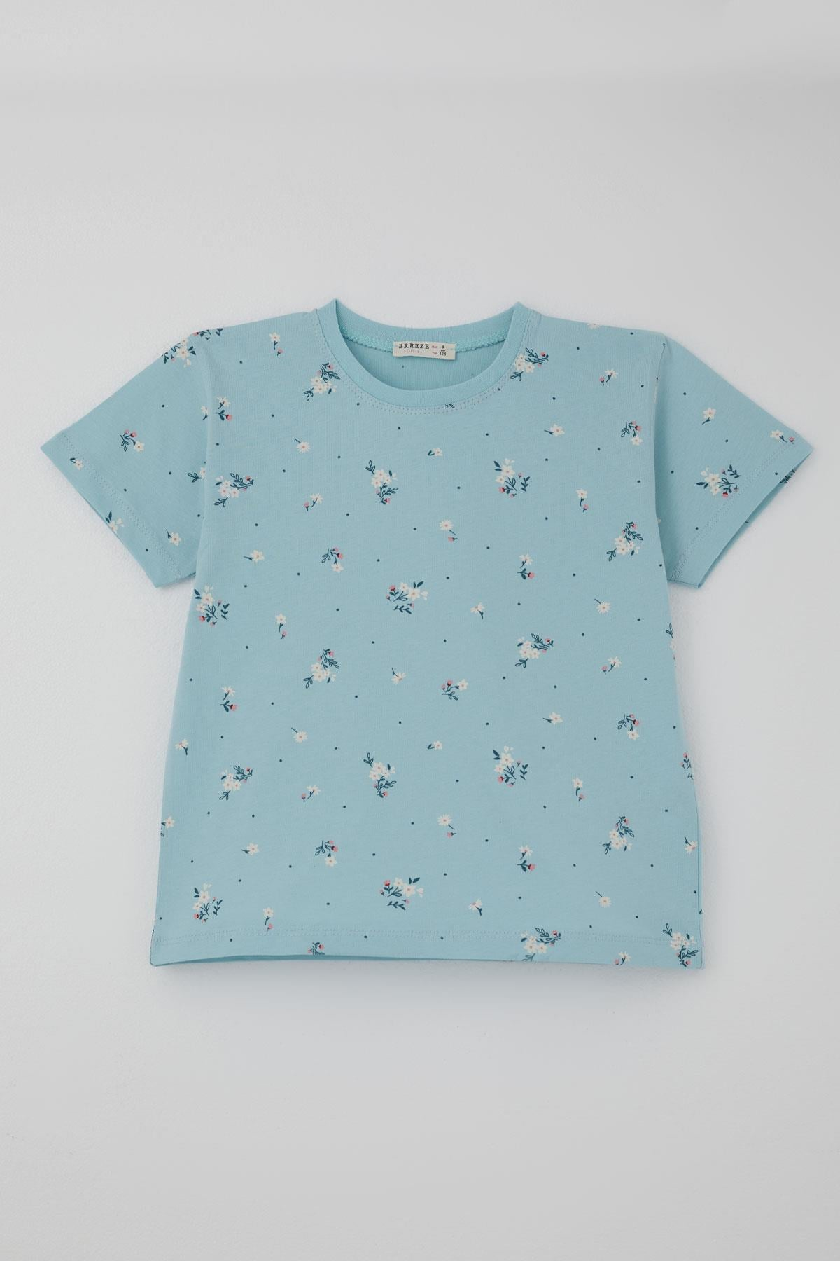 Breeze Kız Çocuk Şortlu Pijama Takımı Çiçek Desenli Açık Mavi (4-6 Yaş)