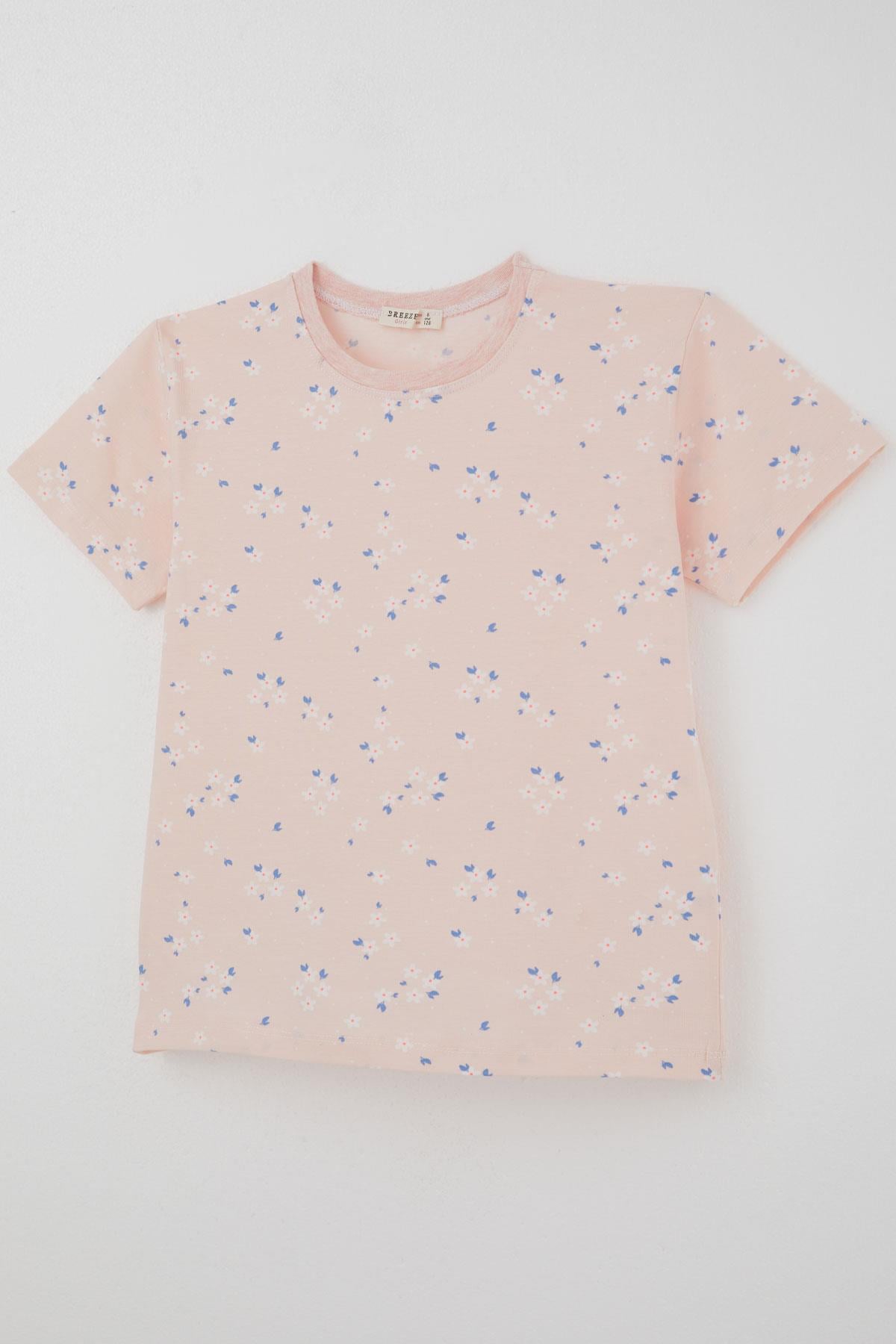 Breeze Kız Çocuk Şortlu Pijama Takımı Çiçek Desenli Pudra (4-8 Yaş)