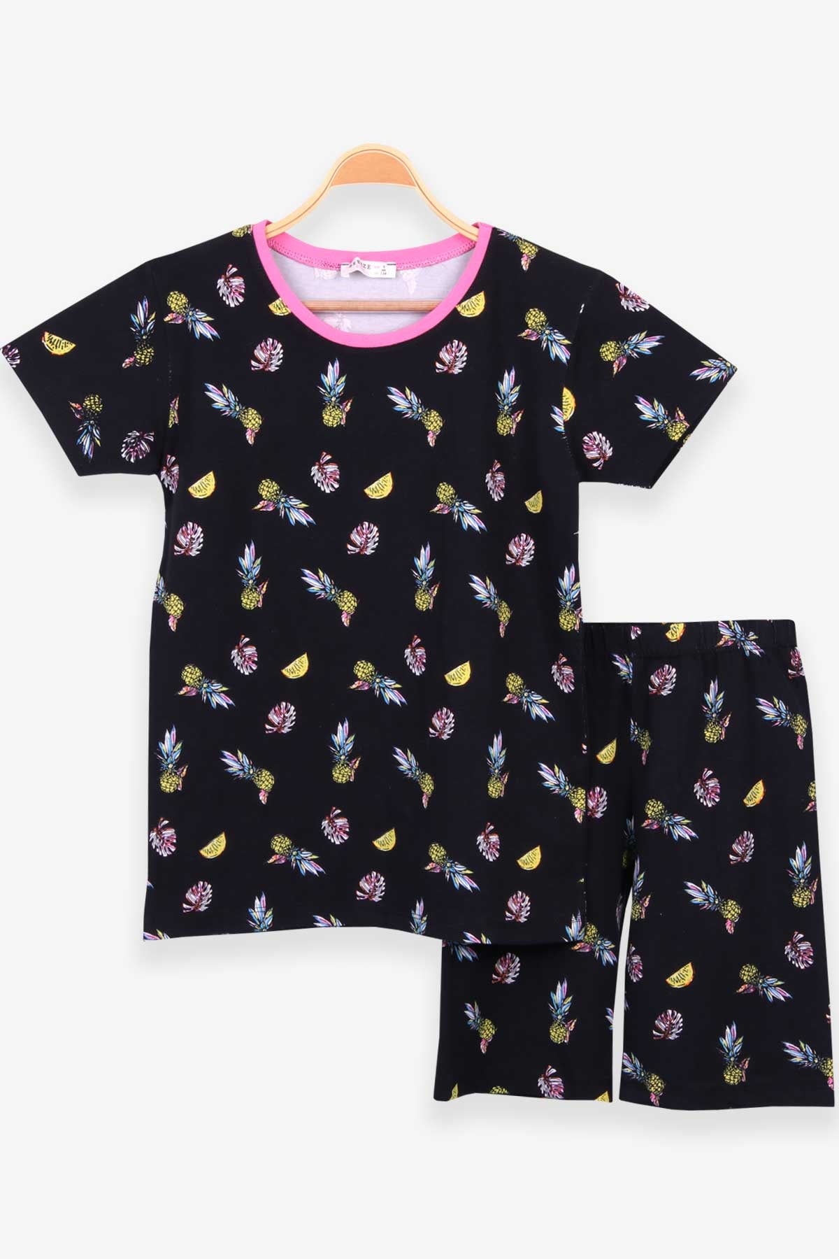 Breeze Kız Çocuk Şortlu Pijama Takımı Tropik Meyve Temalı Siyah (9-12 Yaş)