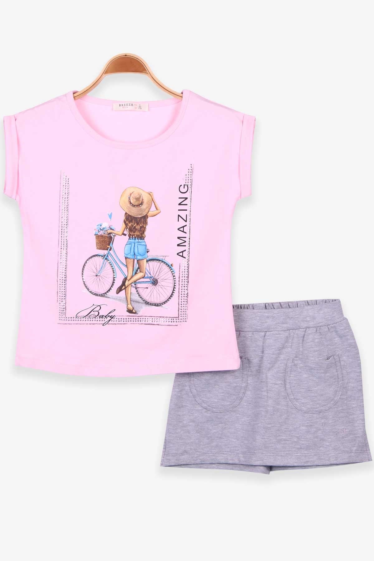 Breeze Kız Çocuk Şortlu Takım Bisikletli Kız Baskılı Pudra (5-10 Yaş)