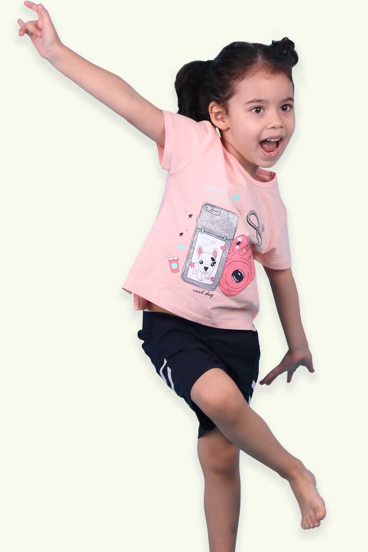 Breeze Kız Çocuk Şortlu Takım Fotoğraf Temalı Somon (3 Yaş-8 Yaş)