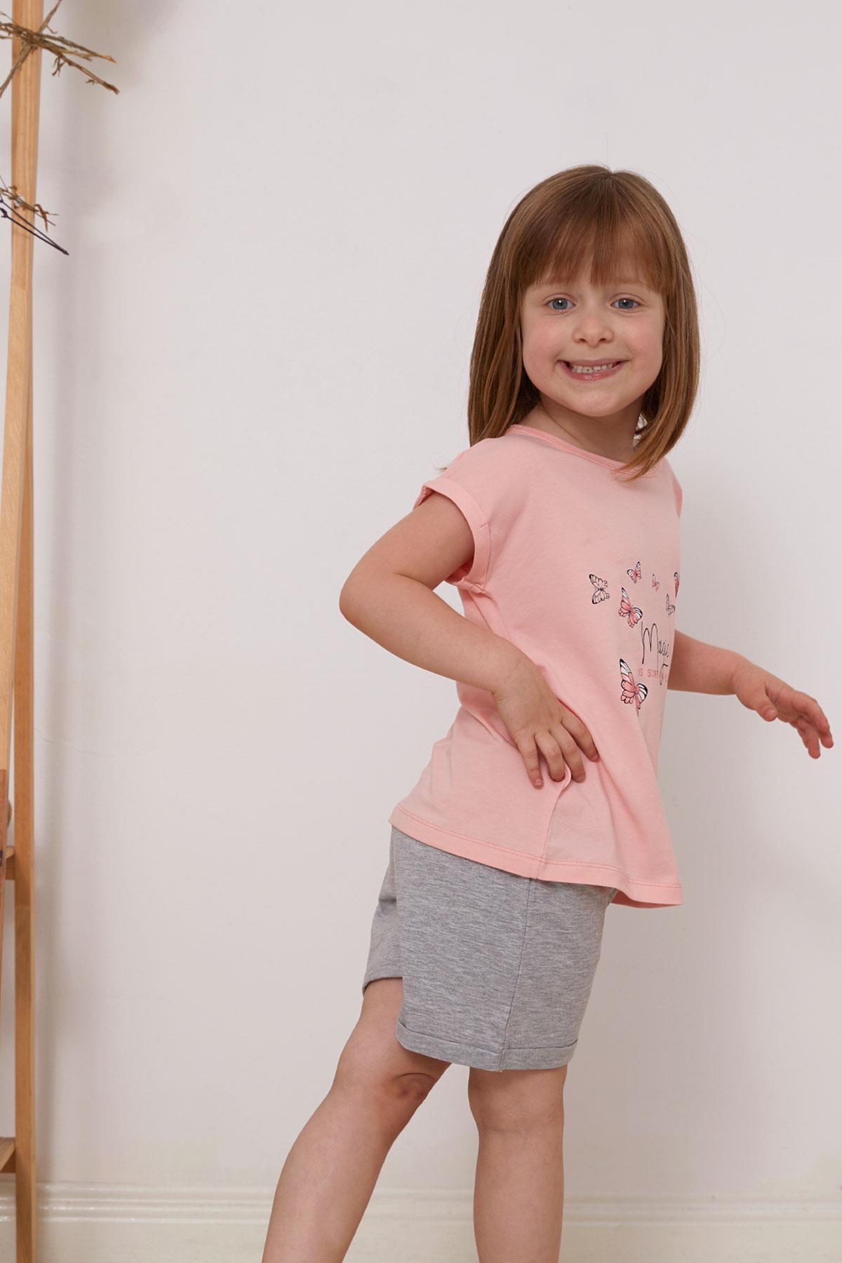 Breeze Kız Çocuk Şortlu Takım Kelebek Baskılı Somon (3-8 Yaş)