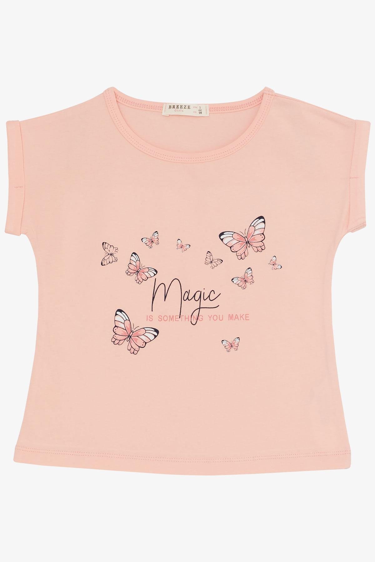 Breeze Kız Çocuk Şortlu Takım Kelebek Baskılı Somon (3-8 Yaş)