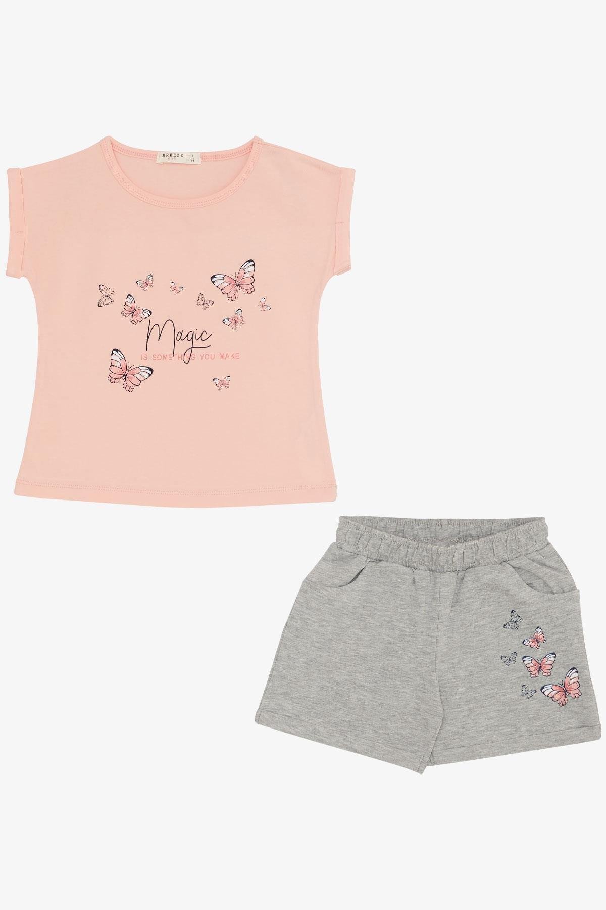 Breeze Kız Çocuk Şortlu Takım Kelebek Baskılı Somon (3-8 Yaş)
