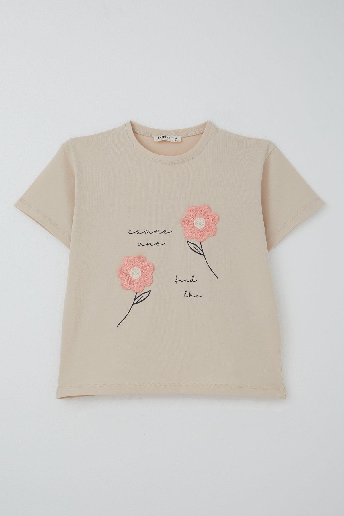 Breeze Kız Çocuk Şortlu Takım Örgü Çiçek İşlemeli Bej (6-12 Yaş)