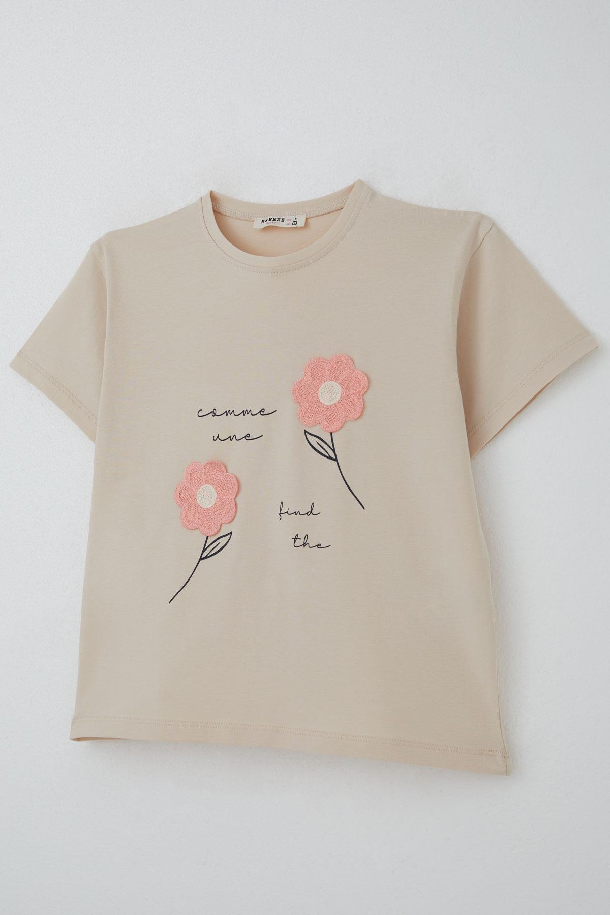 Breeze Kız Çocuk Şortlu Takım Örgü Çiçek İşlemeli Bej (6-12 Yaş)