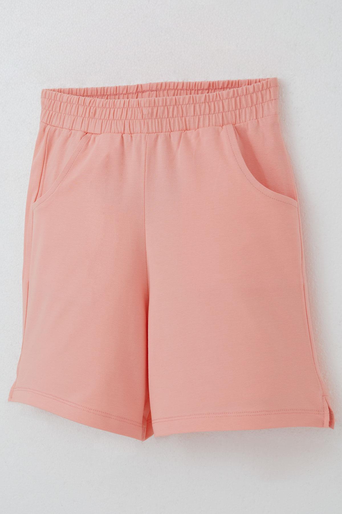 Breeze Kız Çocuk Şortlu Takım Örgü Çiçek İşlemeli Bej (6-12 Yaş)