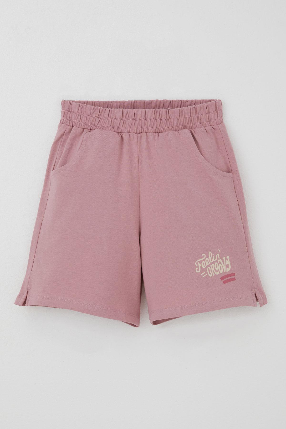 Breeze Kız Çocuk Şortlu Takım Sevgi Temalı Çiçek Baskılı Bej (6-12 Yaş)