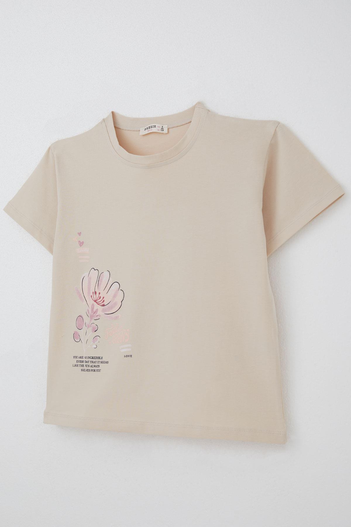 Breeze Kız Çocuk Şortlu Takım Sevgi Temalı Çiçek Baskılı Bej (6-12 Yaş)