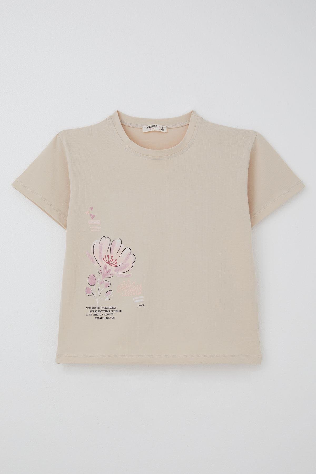 Breeze Kız Çocuk Şortlu Takım Sevgi Temalı Çiçek Baskılı Bej (6-12 Yaş)