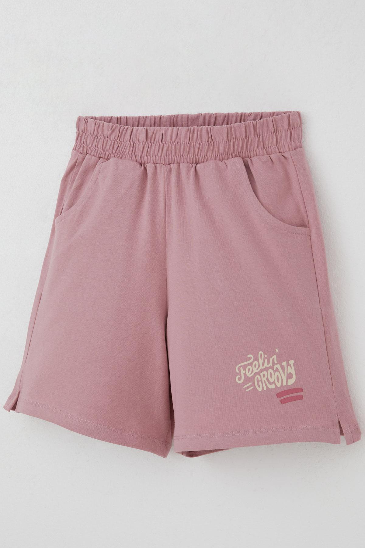 Breeze Kız Çocuk Şortlu Takım Sevgi Temalı Çiçek Baskılı Bej (6-12 Yaş)