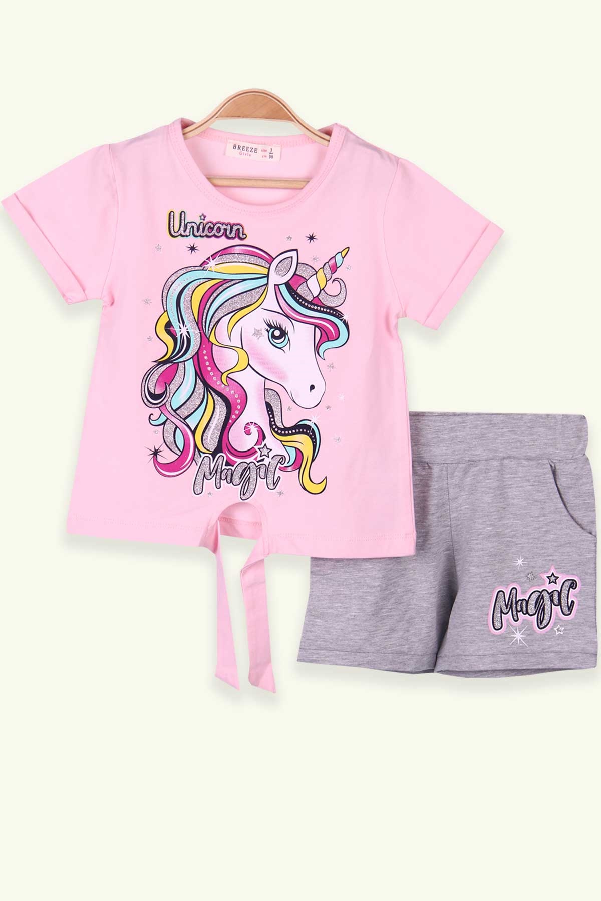 Breeze Kız Çocuk Şortlu Takım Unicorn Pudra (3 Yaş-8 Yaş)