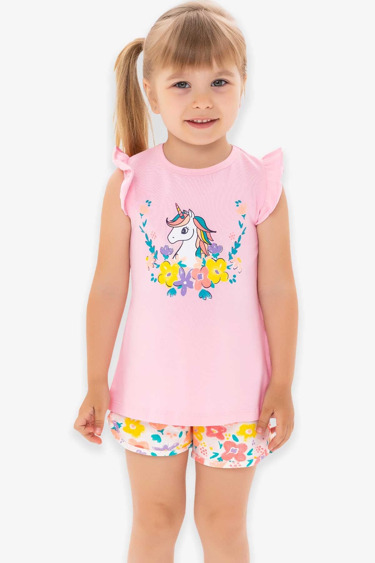 Breeze Kız Çocuk Şortlu Takım Unicorn Pudra (3-7 Yaş)