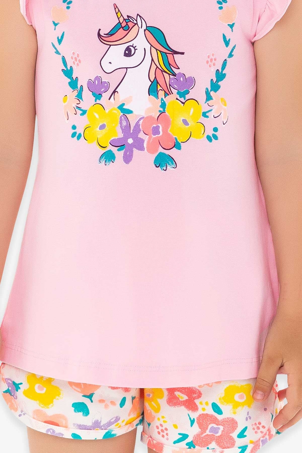 Breeze Kız Çocuk Şortlu Takım Unicorn Pudra (3-7 Yaş)
