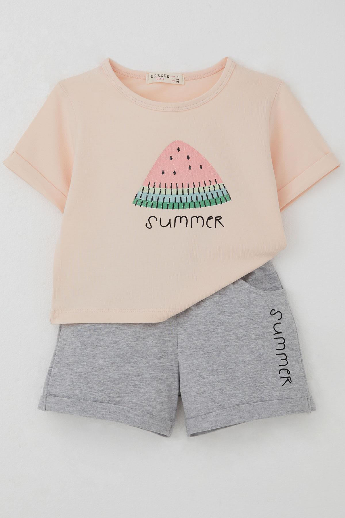 Breeze Kız Çocuk Şortlu Takım Yaz Temalı Karpuz Dilimi Baskılı Pudra (3-8 Yaş)