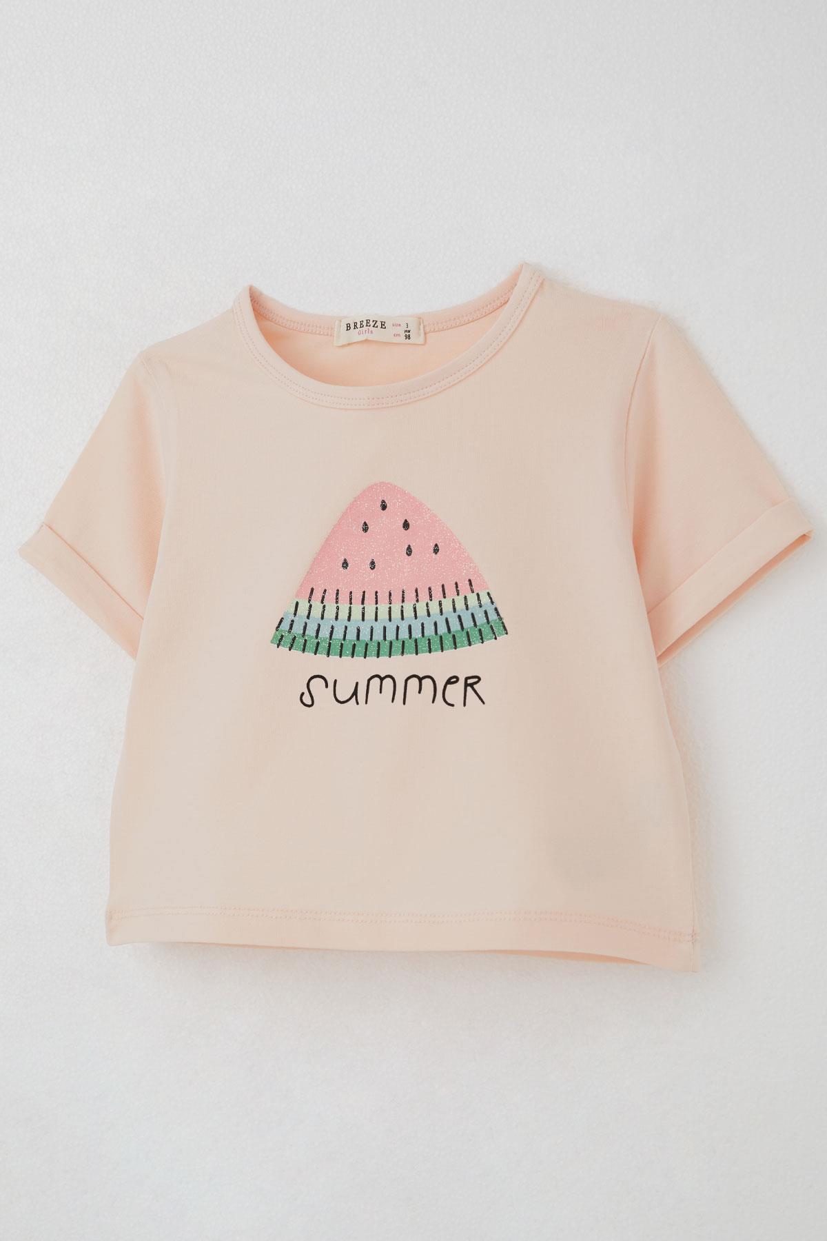 Breeze Kız Çocuk Şortlu Takım Yaz Temalı Karpuz Dilimi Baskılı Pudra (3-8 Yaş)