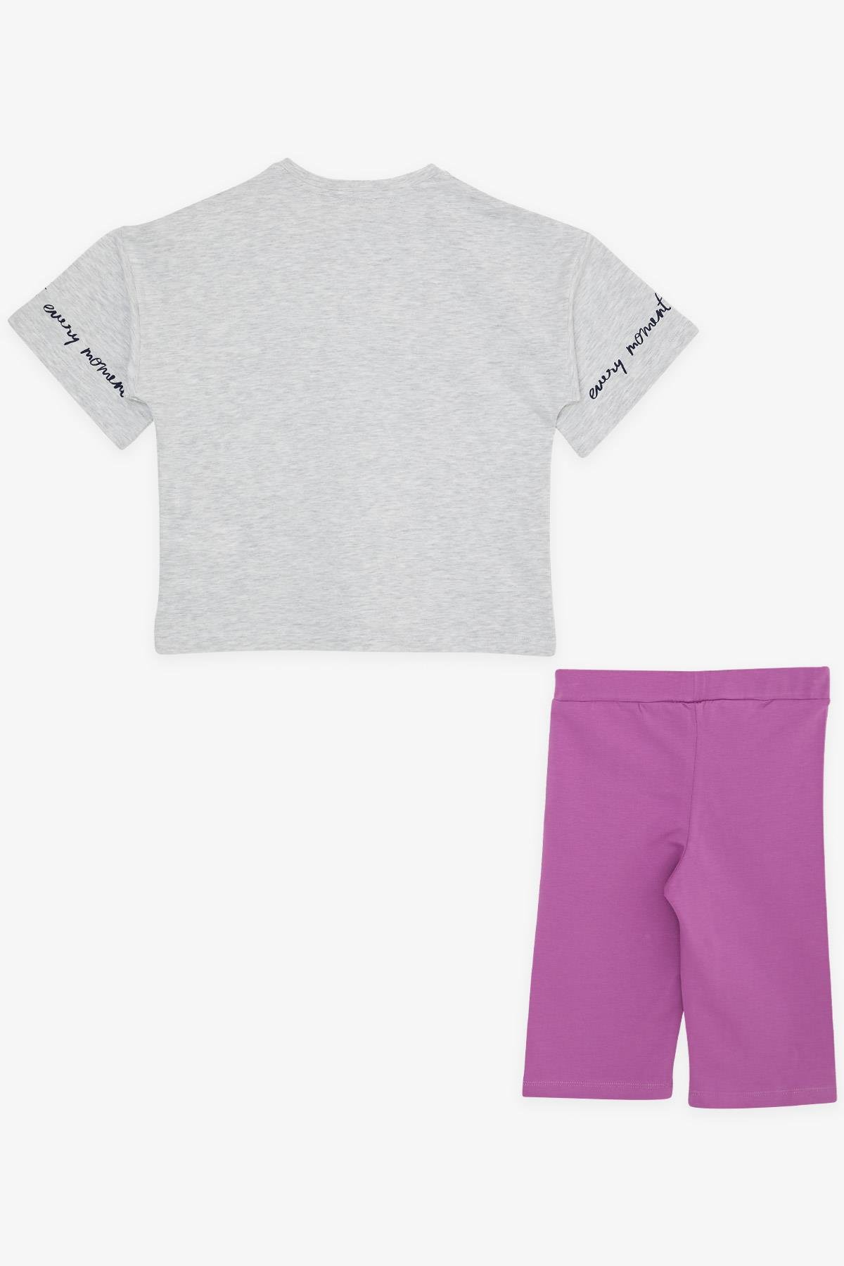Breeze Kız Çocuk Şortlu Takım Yazı Baskılı Açık Gri Melanj (9-14 Yaş)