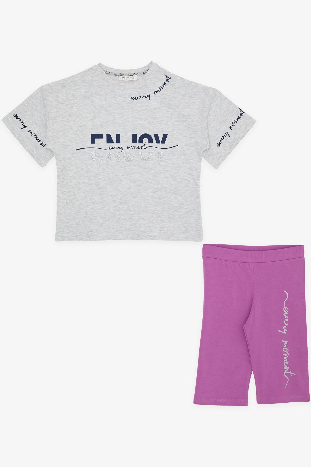 Breeze Kız Çocuk Şortlu Takım Yazı Baskılı Açık Gri Melanj (9-14 Yaş)