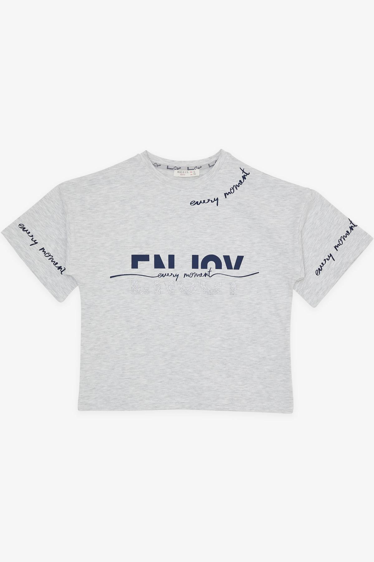 Breeze Kız Çocuk Şortlu Takım Yazı Baskılı Açık Gri Melanj (9-14 Yaş)